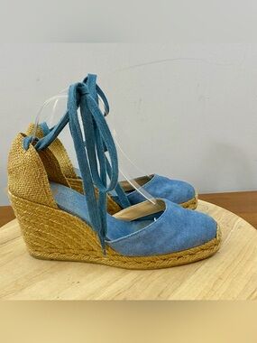 Castaner Carina Blue Denim Wedge Espadrilles EUR 39 US 8 Spain Canvas Ankle Tie